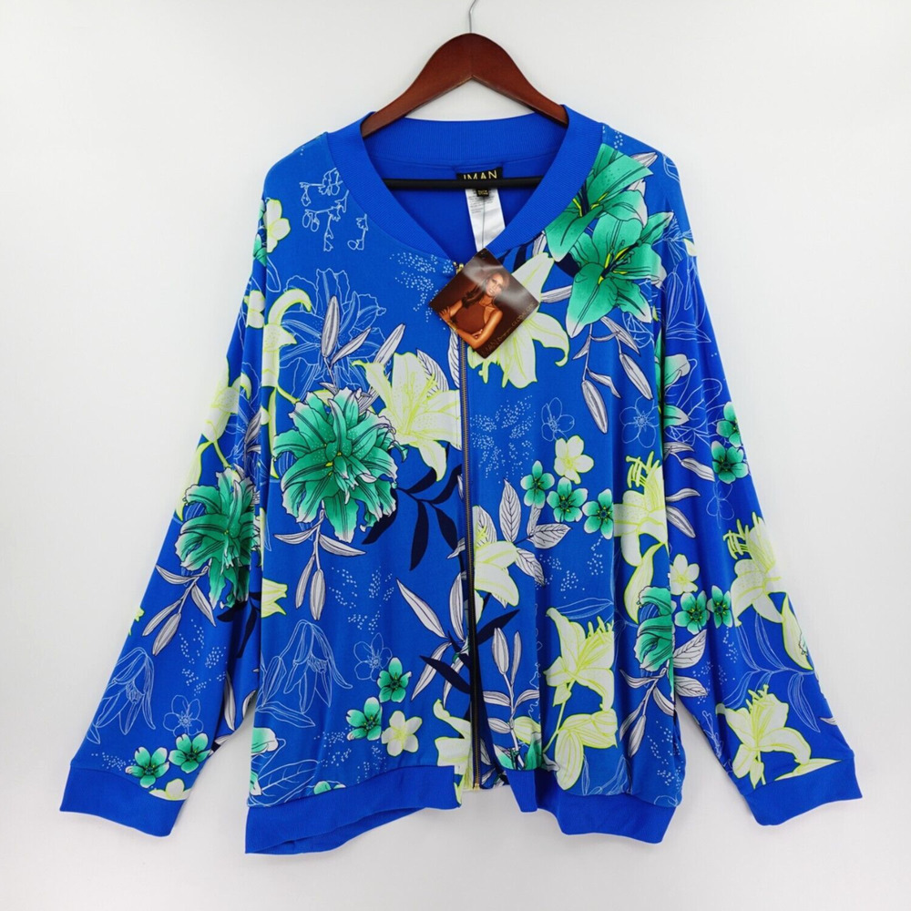 IMAN‎ Floral Bomber Jacket 5X Blue Tropical Print Reversable Retro 80s